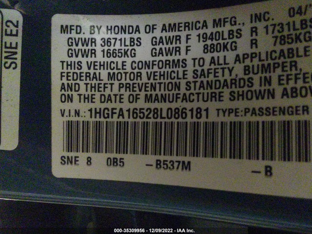 2008 HONDA CIVIC SDN LX VIN: 1HGFA16528L086181