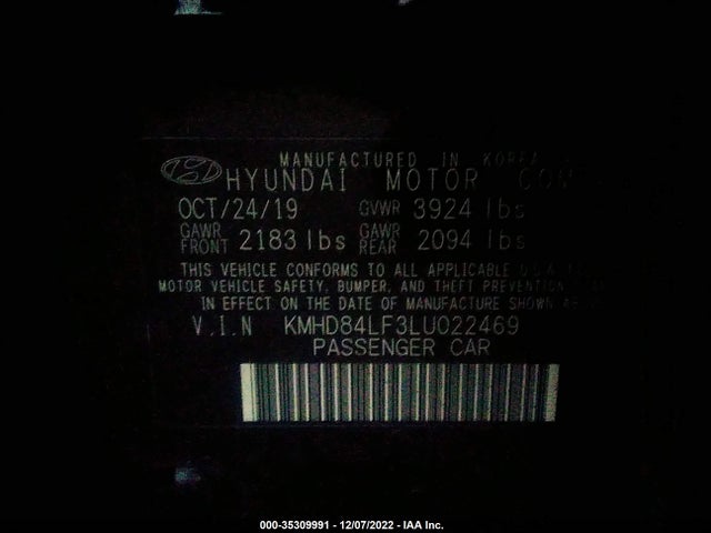 2020 HYUNDAI ELANTRA SEL VIN: KMHD84LF3LU022469