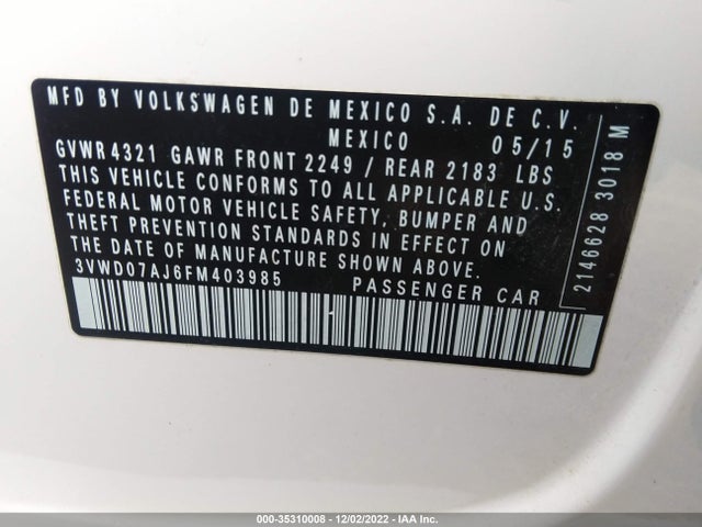 2015 Volkswagen Jetta, VIN: 3VWD07AJ6FM403985