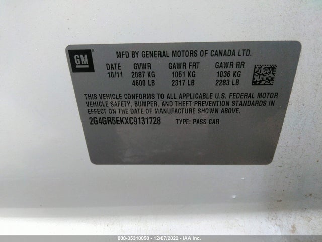 2012 BUICK REGAL BASE VIN: 2G4GR5EKXC9131728