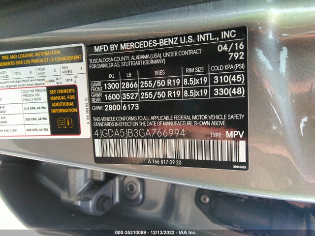 2016 Mercedes-Benz GLE-Class, VIN: 4JGDA5JB3GA766994