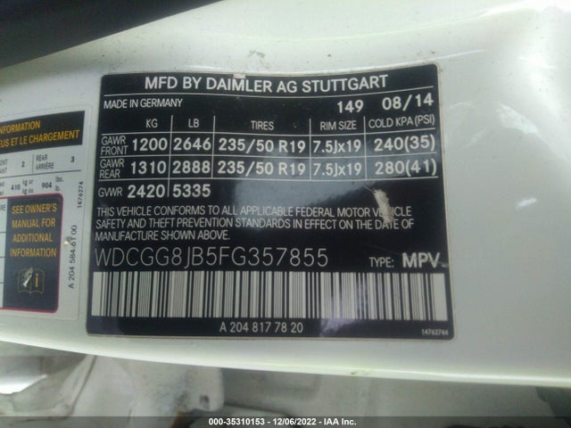 2015 Mercedes-Benz GLK-Class, VIN: WDCGG8JB5FG357855