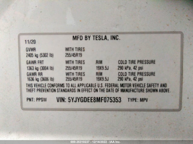 2021 TESLA MODEL Y LONG RANGE VIN: 5YJYGDEE8MF075353