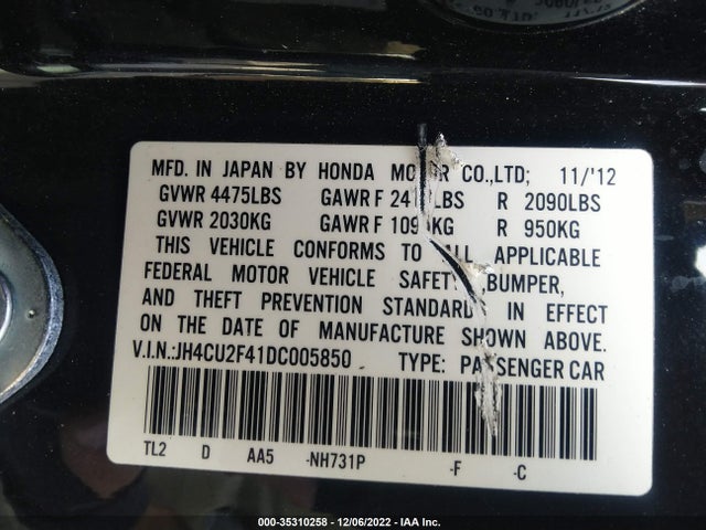 2013 ACURA TSX VIN: JH4CU2F41DC005850