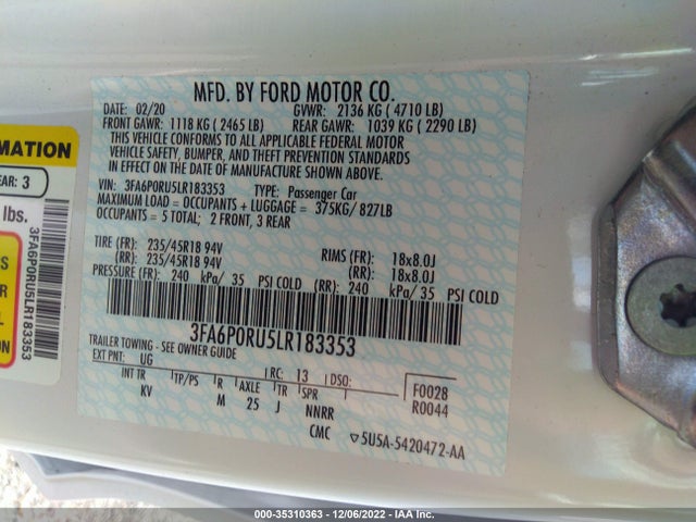 2020 Ford Fusion, VIN: 3FA6P0RU5LR183353