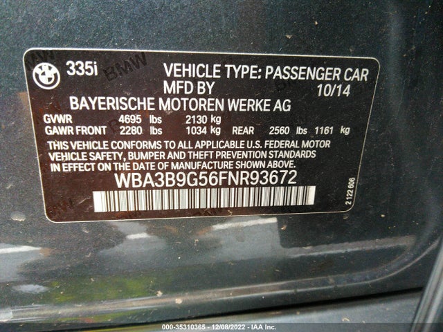 2015 BMW 3 SERIES 335I XDRIVE VIN: WBA3B9G56FNR93672