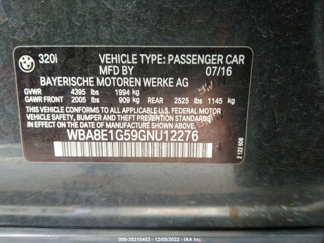 2016 BMW 3 Series, VIN: WBA8E1G59GNU12276