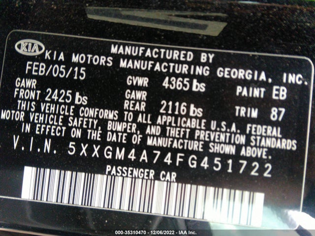 2015 Kia Optima, VIN: 5XXGM4A74FG451722