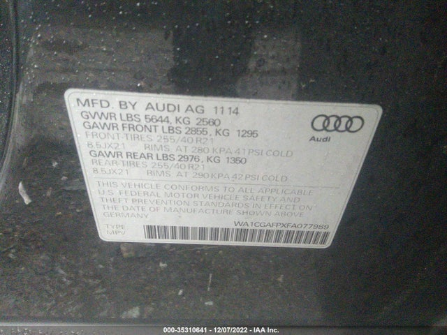 2015 Audi SQ5, VIN: WA1CGAFPXFA077989