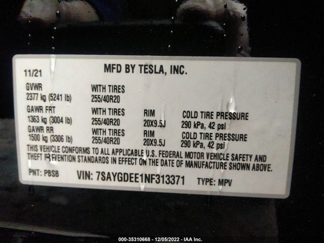Tesla Model Y Long Range 2022 7SAYGDEE1NF313371 Image 9