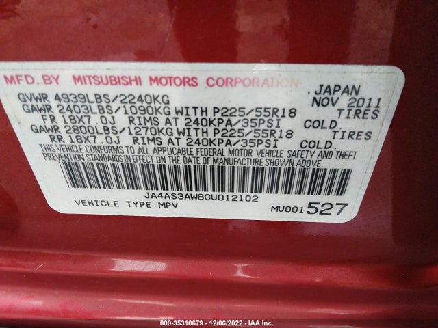JA4AS3AW8CU012102 Mitsubishi Outlander Se