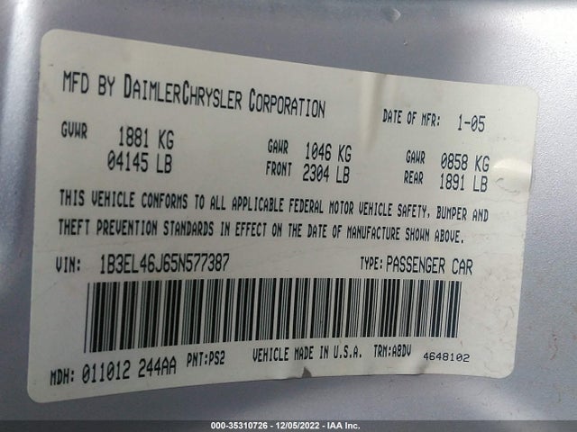 Dodge Stratus Sdn Sxt 2005 1B3EL46J65N577387 Image 10