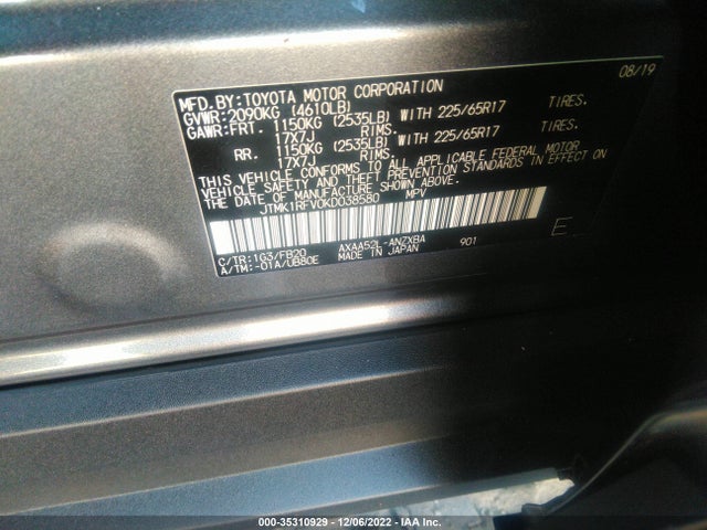 2019 TOYOTA RAV4 LE VIN: JTMK1RFV0KD038580