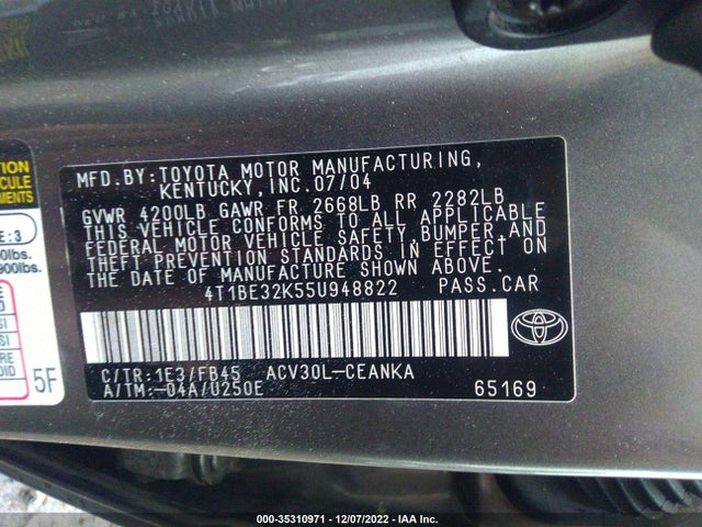 2005 TOYOTA CAMRY STD/LE/SE/XLE VIN: 4T1BE32K55U948822