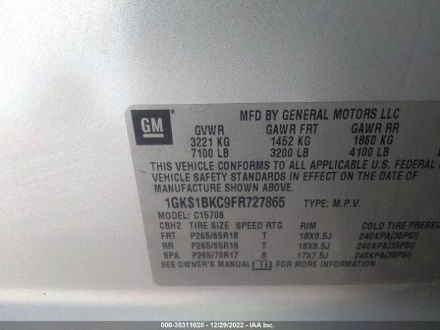 1GKS1BKC9FR727865 GMC YUKON SLT