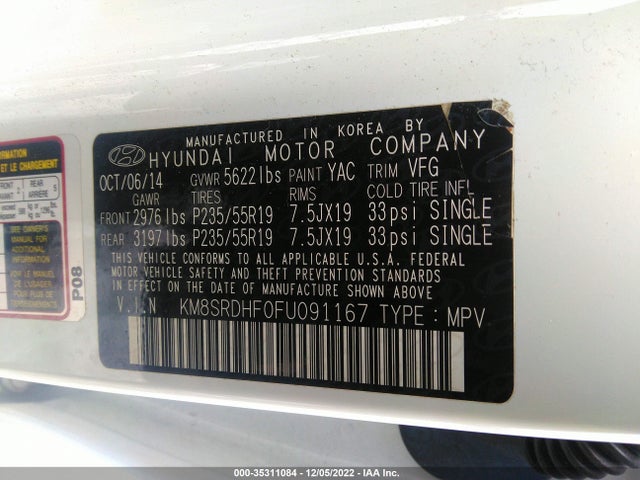 2015 Hyundai Santa Fe, VIN: KM8SRDHF0FU091167