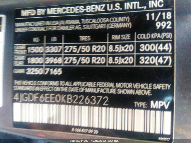2019 Mercedes-Benz GLS-Class, VIN: 4JGDF6EE0KB226372