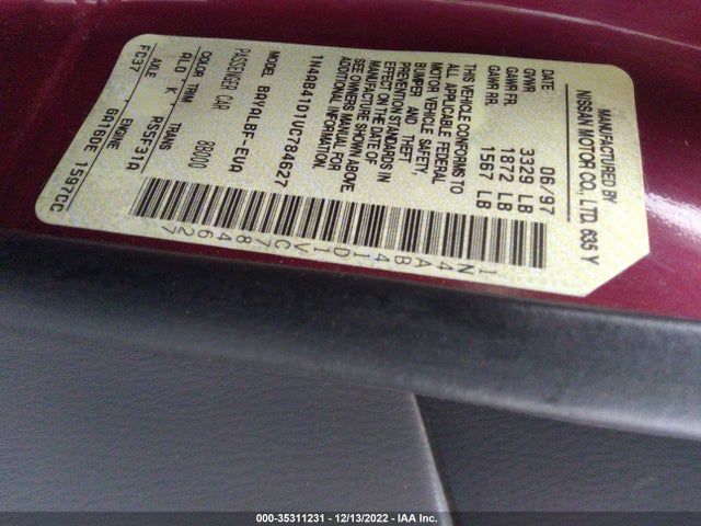 1997 NISSAN SENTRA VIN: 1N4AB41D1VC784627
