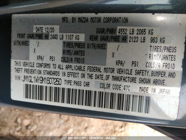 2021 Mazda 6, VIN: JM1GL1WY9M1607250