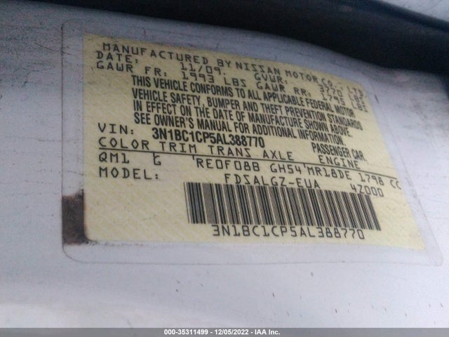 2010 NISSAN VERSA 1.8 SL VIN: 3N1BC1CP5AL388770