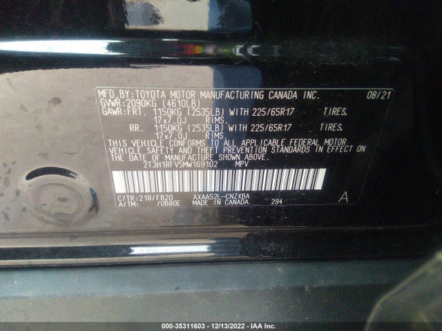 2021 TOYOTA RAV4 LE VIN: 2T3H1RFV5MW169102