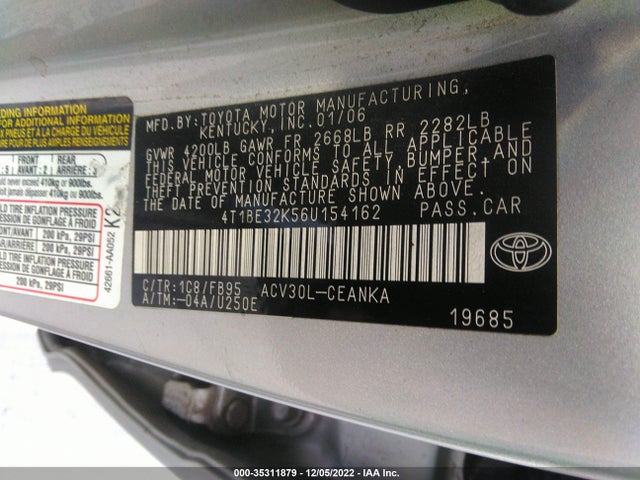 2006 TOYOTA CAMRY STD/LE/SE/XLE VIN: 4T1BE32K56U154162