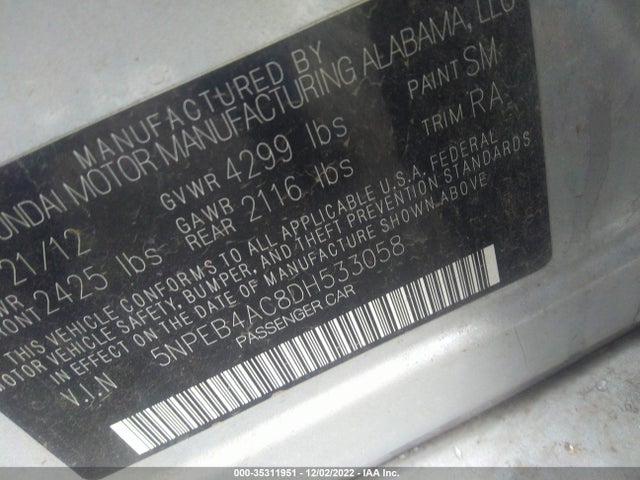 2013 HYUNDAI SONATA GLS PZEV VIN: 5NPEB4AC8DH533058