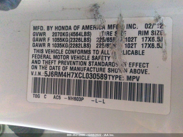 2012 HONDA CR-V EX-L VIN: 5J6RM4H7XCL030589