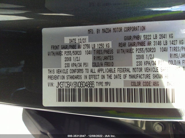 2022 Mazda CX-9, VIN: JM3TCBAY8N0604866