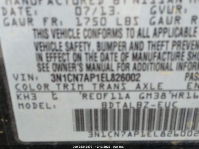3N1CN7AP1EL826002 Nissan VERSA SV