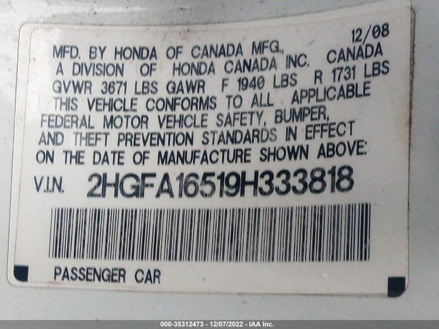 2009 HONDA CIVIC SDN LX VIN: 2HGFA16519H333818
