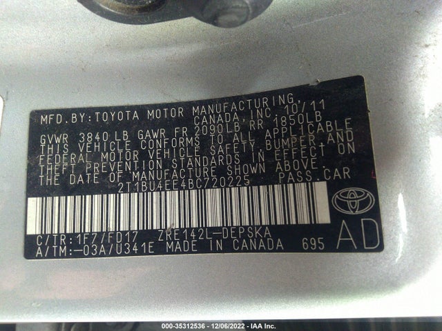 2011 TOYOTA COROLLA L/LE/S VIN: 2T1BU4EE4BC720225