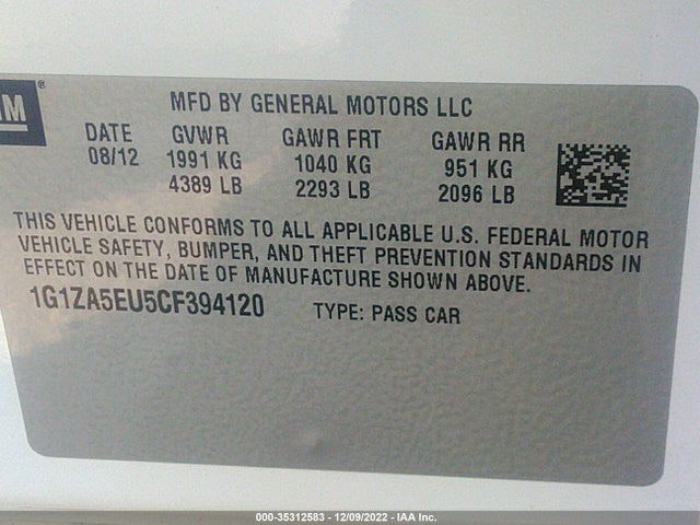 2012 CHEVROLET MALIBU LS W/1FL VIN: 1G1ZA5EU5CF394120
