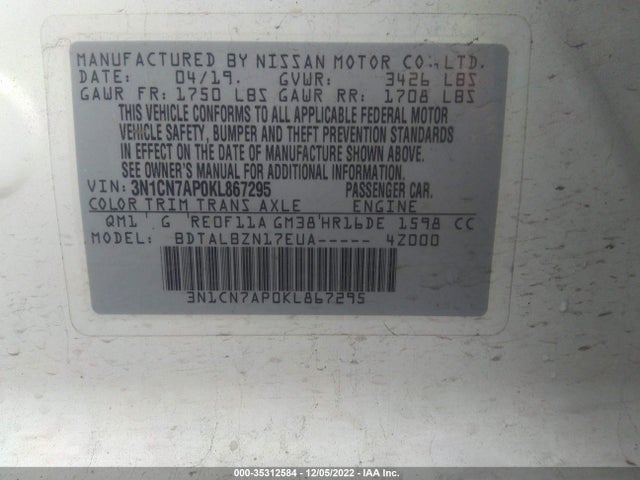 2019 Nissan Versa, VIN: 3N1CN7AP0KL867295