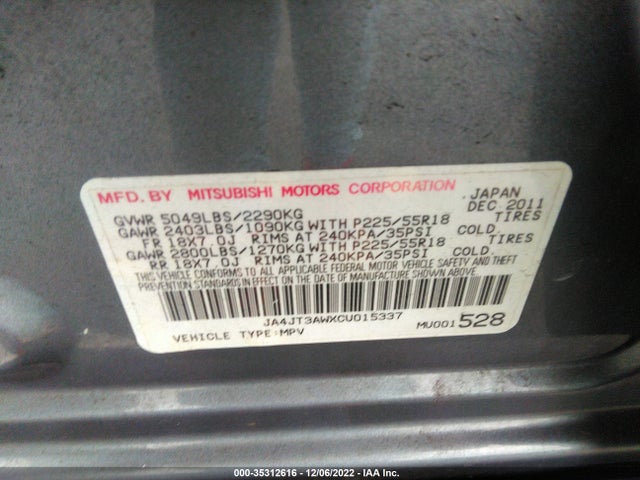 2012 MITSUBISHI OUTLANDER SE VIN: JA4JT3AWXCU015337