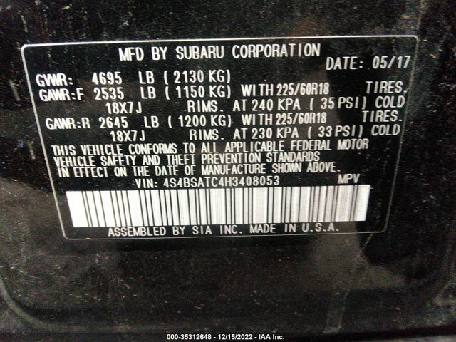 2017 Subaru Outback, VIN: 4S4BSATC4H3408053