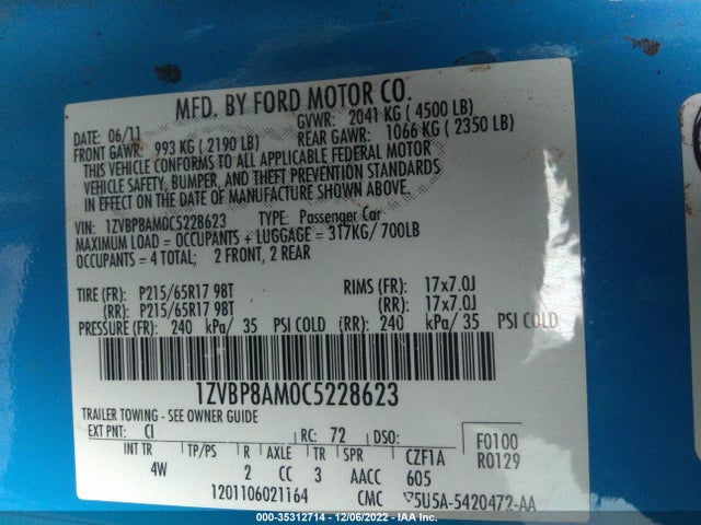2012 FORD MUSTANG V6 VIN: 1ZVBP8AM0C5228623