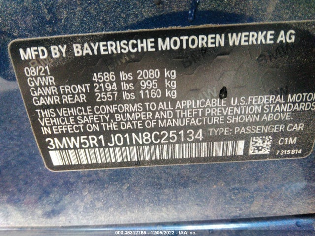 2022 BMW 3 SERIES 330I VIN: 3MW5R1J01N8C25134