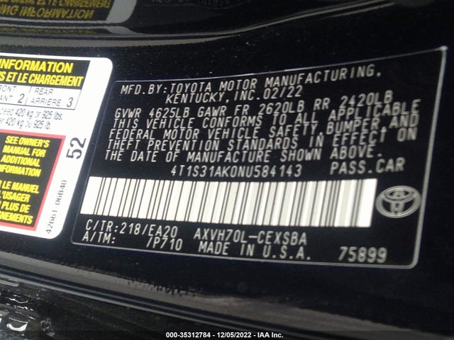 2022 Toyota Camry, VIN: 4T1S31AK0NU584143