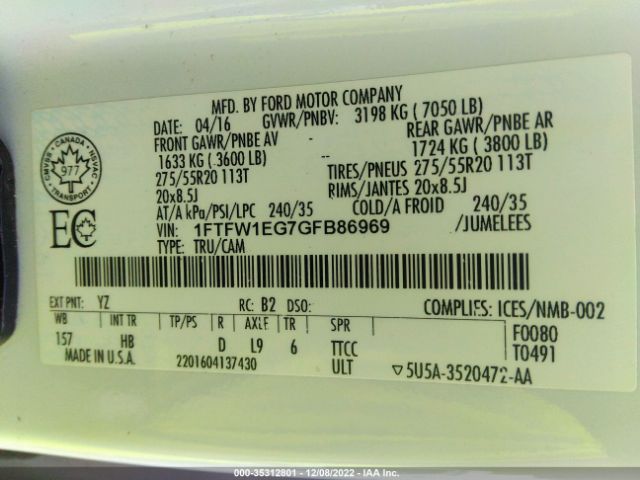 1FTFW1EG7GFB86969 Ford F-150 Xlt/xl/lariat/platinum