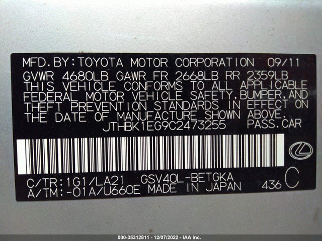 Lexus ES 350 2012 JTHBK1EG9C2473255 Image 10