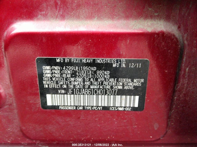 JF1GJAB61CH013077 Subaru Impreza Sedan 2.0i Premium
