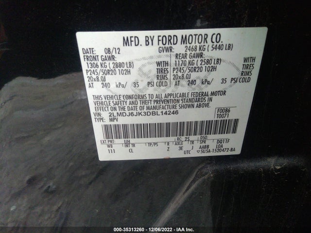 2013 LINCOLN MKX VIN: 2LMDJ6JK3DBL14246