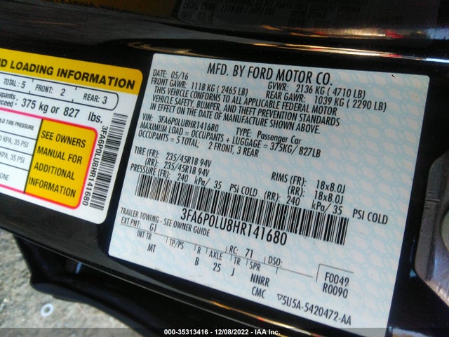2017 Ford Fusion, VIN: 3FA6P0LU8HR141680