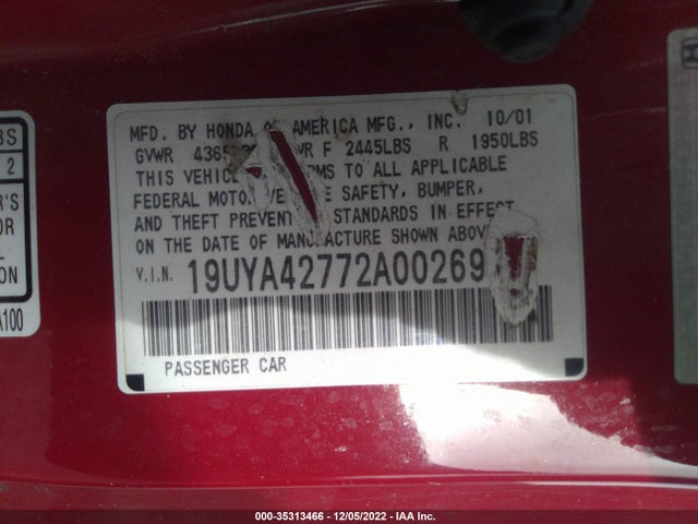 2002 ACURA CL TYPE S VIN: 19UYA42772A002697