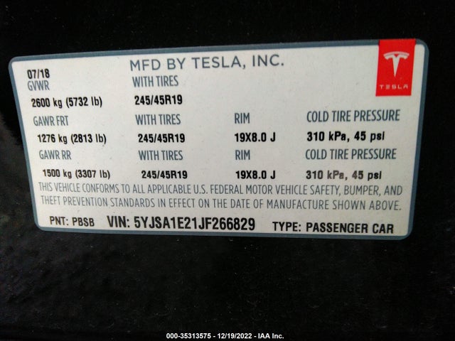 Tesla Model S 75d/100d/p100d 2018 5YJSA1E21JF266829 Image 9