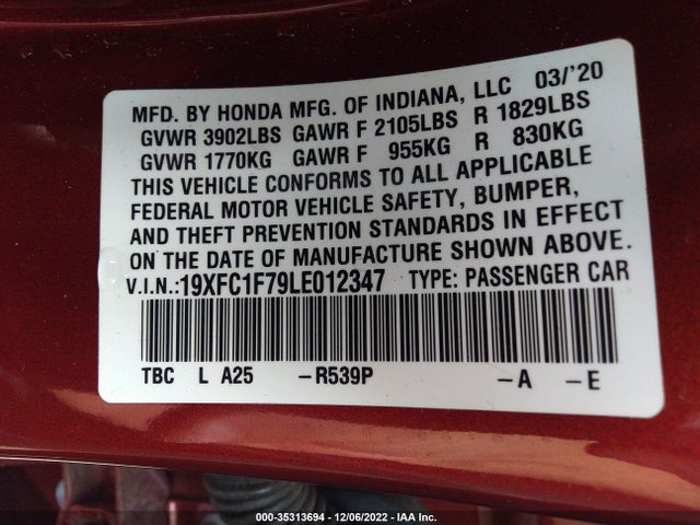 2020 HONDA CIVIC SEDAN EX-L VIN: 19XFC1F79LE012347