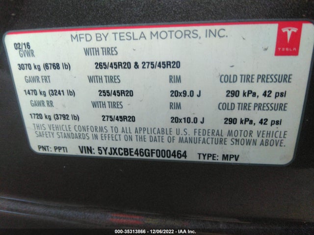 Tesla Model X P90d/75d/p100d 2016 5YJXCBE46GF000464 Image 10