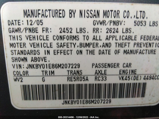 2006 INFINITI M45 SPORT VIN: JNKBY01E86M207229