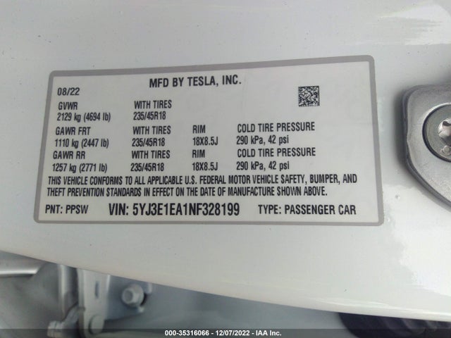 Tesla MODEL 3 2022 5YJ3E1EA1NF328199 Image 10